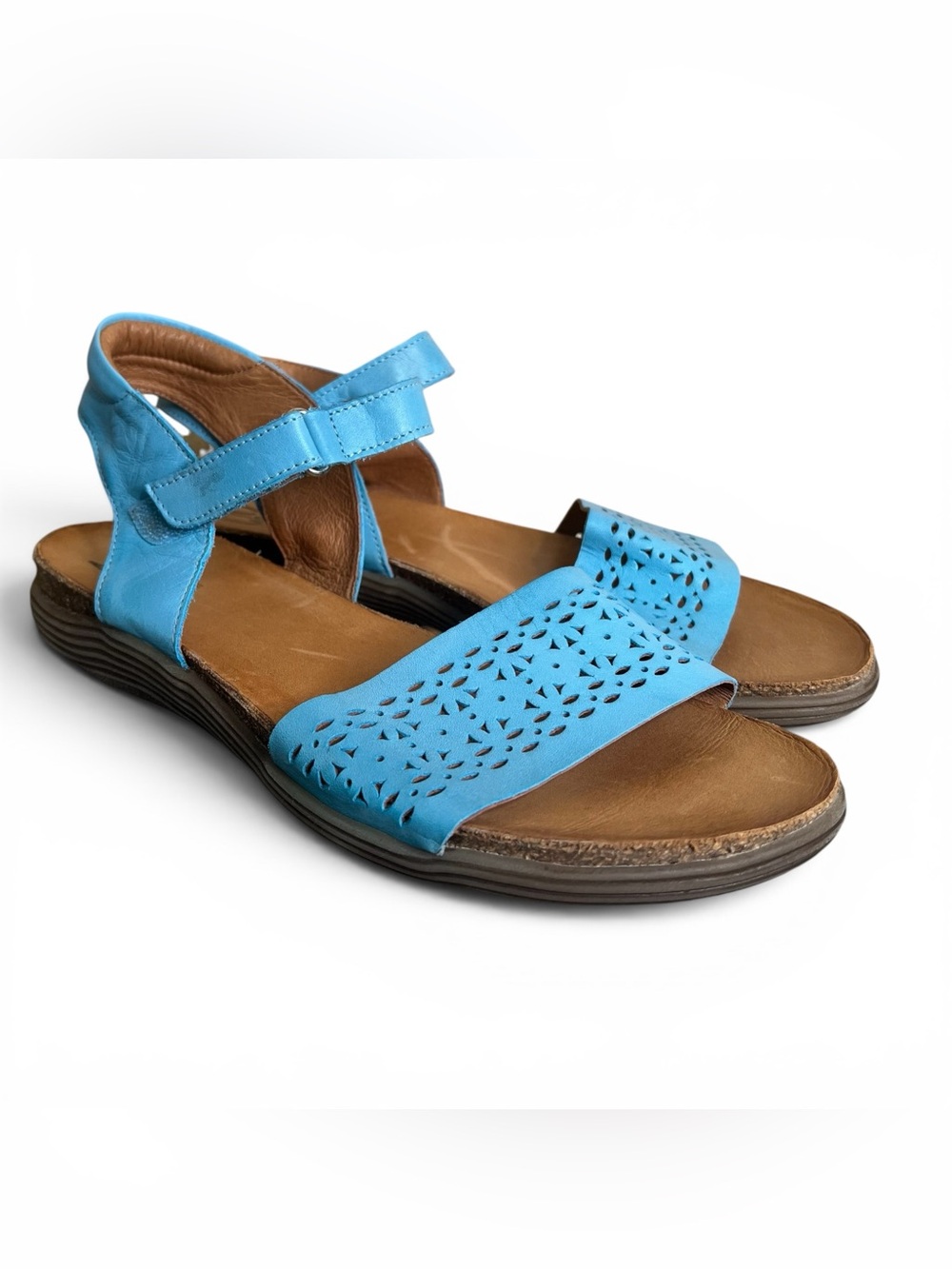 Miz Mooz Mave Low Wedge Sandal Adjustable Strap Blue Laser Cut Leather Size 40